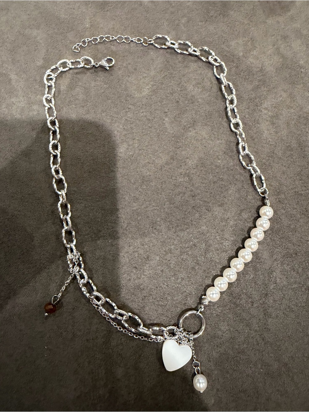 Target Silver-Tone Chain Necklace with White Pearls and Heart Charm